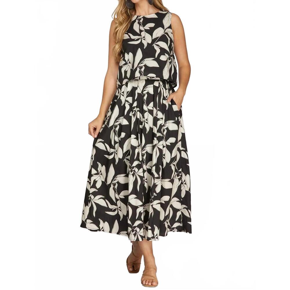 NEW SHE + SKY printed midi skirt with back elastic waistband in multi